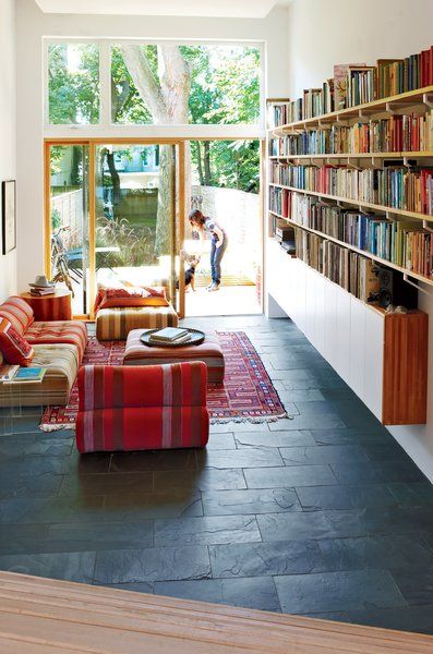 Black Slate Tiles, Slate Tile Floor, Tiny Apartments, Slate Flooring, Slate Tile, Home Libraries, Butcher Block Countertops, Natural Home Decor, Room Flooring