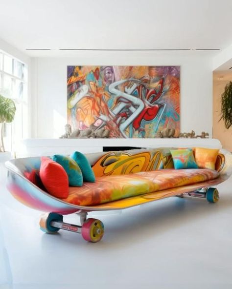 Suzan Valois on Instagram: "Luxury twist of graffiti 🛹 . ~Skateboard~ . Visit: https://ivapopsurreal.com/ . . . . . #arcfly #allofarchitecture #archdaily #loversofarchitecture #amazingarchitecture #designandlive #myhouseidea #futurearchitect #architecture_addicted #arch_impressive #architecturecontent #archilovers #arch_grap #design_only #architectureinteriors #architecture #design #home #architect #art #architects #designinspiration #graffiti #graffitiart #skate #skateboard #skatelife" Graffiti Furniture, Home Architect, Instagram Luxury, Goth Home Decor, Skateboard Design, Pop Art Design, Organic Wood, Funky Furniture, Diy Interior