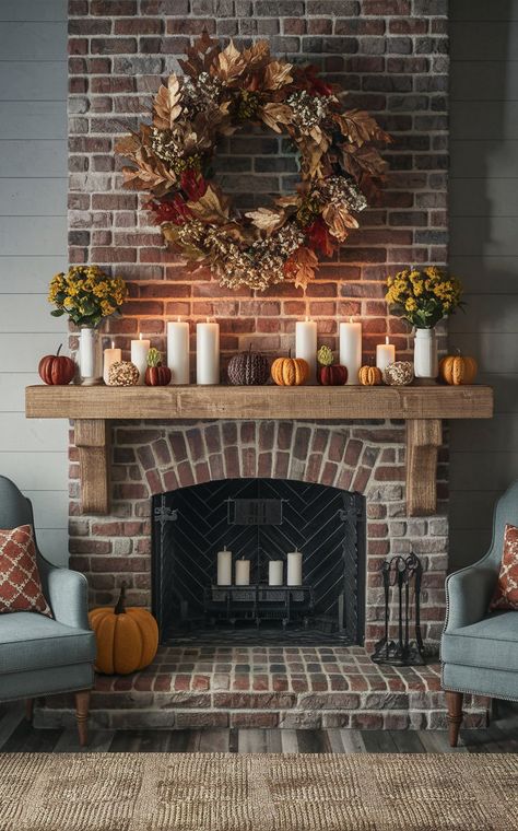 10 Best Fall Mantel Decor Ideas You Can Copy Immediately Short Mantel Decorating Ideas, Fireplace Display Ideas, Fall Mantal, Pumpkin Mantle Decor, Brick Mantle Decor, Cottage Fall Decor, Fireplace Fall Decor, Fall Fireplace Decor Mantles, Mantel Candles