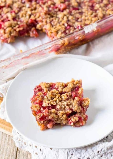 Rhubarb Crunch is terrific on its own or topped with whipped cream or ice cream Rhubarb Crunch Recipes, Strawberry Rhubarb Oatmeal, Rhubarb Oatmeal Bars, Strawberry Crumble Bars, Strawberry Rhubarb Bars, Rhubarb Crunch, Rhubarb Oatmeal, Strawberry Rhubarb Compote, Rhubarb Bars