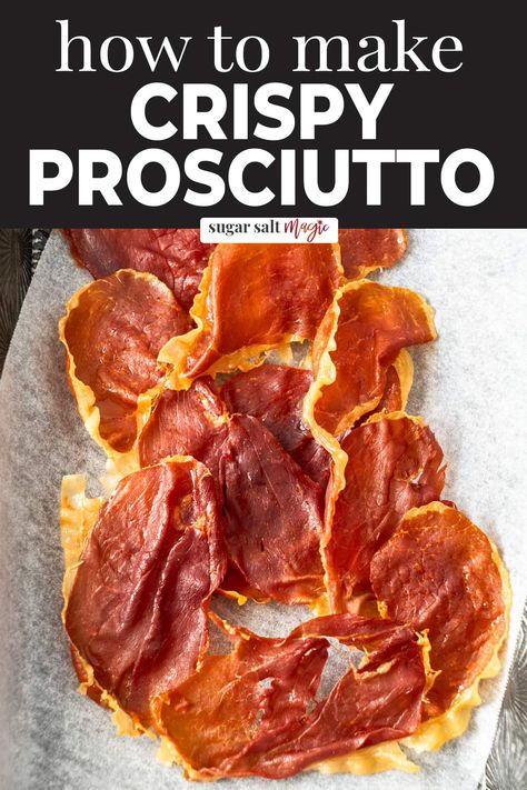 Crispy prosciutto is so easy to make in the oven, air fryer or pan and is great as a topping for salads, soups and sandwiches. It's also utterly delicious. Crispy prosciutto is a really easy and delicious way to add some crunch and phenomenal flavour to so many dishes. Or just a snack! Less of a recipe and more of a technique, follow my super simple steps to get perfect crunchy prosciutto in minutes. Paleo Ham, Soups And Sandwiches, Prosciutto Recipes, Creamy Pesto Pasta, Crispy Prosciutto, Oven Air Fryer, Ham And Cheese Sandwich, Tasty Foods, Metal Tray