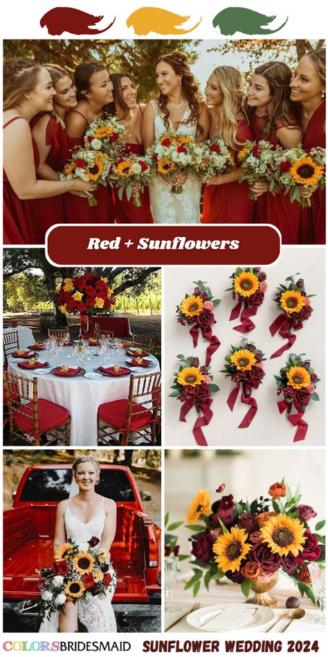 Top 8 Sunflower Wedding Colors for 2024 - ColorsBridesmaid Red And Yellow Wedding Colors, Red Yellow Wedding Theme, Sunflower And Red Wedding, Sunflower And Roses Wedding Decorations, Wedding Color Schemes Sunflowers, Rose And Sunflower Wedding Theme, Sunflower Wedding Theme Rustic, Roses And Sunflowers Wedding, Rustic Sunflower Wedding Decor