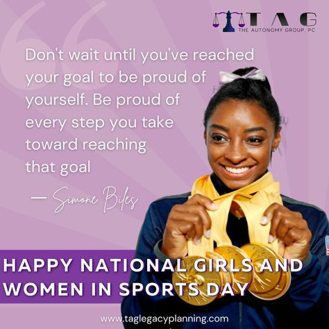 Today is National Girls and Women in Sports Day and Working Woman Wednesday. Today we share a great quote from an amazing athlete, Simone Biles, to remember you to be proud of yourself and the women around you! #WorkingWomanWednesday #Wednesday #TheAutonomyGroup #TAG #SimoneBiles #Simone #Biles #NationalDay #Athlete #LegacyPlanning #EstatePlanning #Will #Trend #BlackAttorney #HaitianAttorney #GenerationalWealth #AttorneySorayaMartialWright #NorthCarolina #SouthCar National Girls And Women Sports Day, Women Athlete Quotes, Simone Biles Quotes, Running Affirmations, Girls Sports Quotes, Desk Posters, Basketball Things, Pe Board, Women In Sports