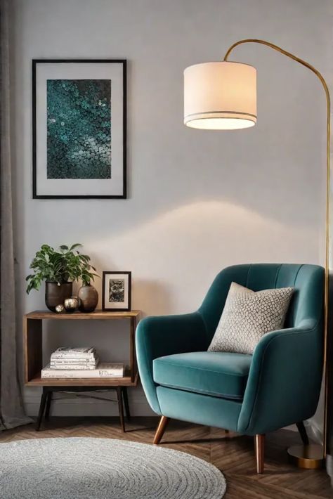 Stylish reading corner with DIY cushions Reading Corner Hallway, Corner With Chair Decor, Reading Corner Apartment Small Spaces, Interior Corner Design, Reading Nook In Master Bed, Hallway Chair Ideas, Reading Nook Corner Small Spaces, Apartment Reading Corner, Home Office Sitting Area