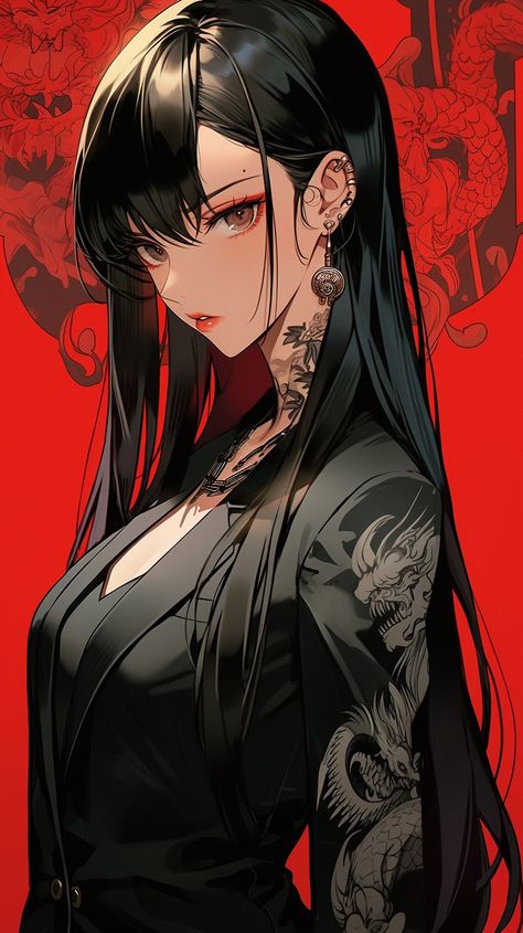 Yakuza Female, Female Yakuza, Yakuza Girl, Anime Red Hair, Joker Artwork, Japan Tattoo Design, Japan Tattoo, Cyberpunk Art, Pompadour