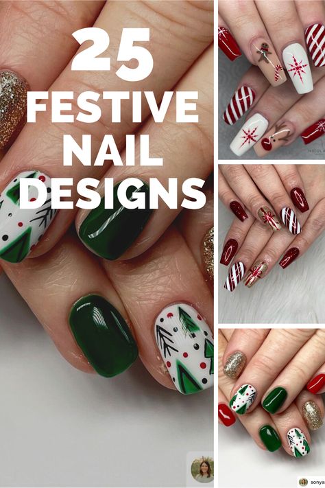 Xmas Nails Present, Christmas Nail Design Tutorials, Christmas Nails Short Reindeer, Acrylic Nail Designs Xmas, Nail Xmas Designs, Christmas Nails Hand Painted, Red Green Glitter Nails, Nails Art Christmas Design, Nail Designs With Regular Polish