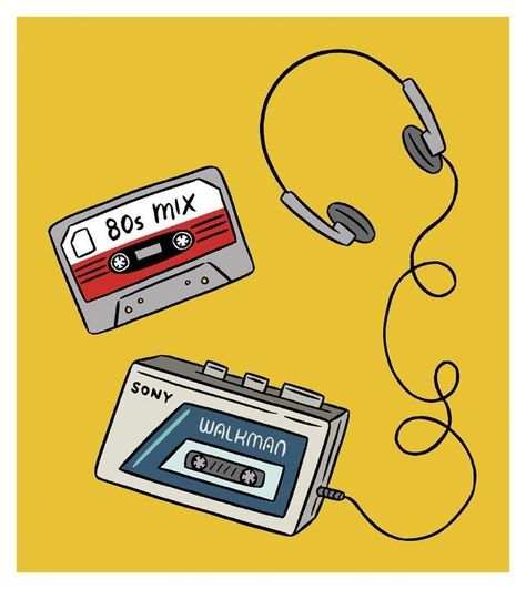 Walkman Aesthetic 80s, Mix Tape Drawing, 80s Drawings Ideas, Walkman Tattoo, Walkman Drawing, 80s Drawings, 80s Headphones, Walkman Aesthetic, Headphones Doodle