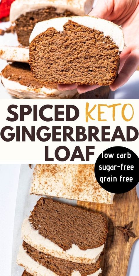 Keto Gingerbread Loaf with Cinnamon Cream Cheese Frosting Ginger Bread Loaf, Quick Holiday Treats, Healthy Holiday Baking, Keto Gingerbread, Low Carb Gingerbread, Gingerbread Loaf, Keto Holiday Recipes, Baking With Coconut Flour, Keto Treats