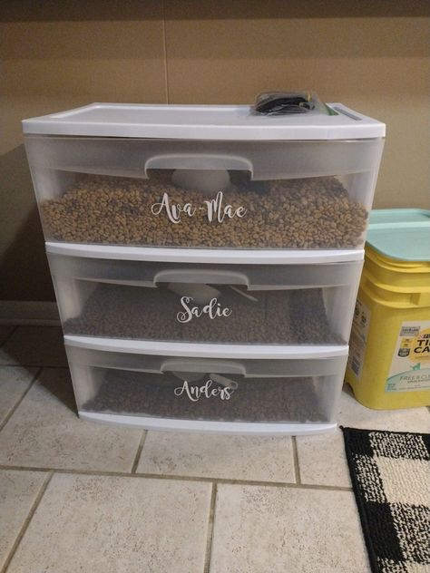 Our 2 dogs eat different types of food. I was tired of having 3 different food bins, (cat too) so I bought this organizer and used my Cricut Joy to create their names. I love how neat this looks. #tidy #animalfood #organization Bunny Food Storage, Food Pantry Ideas, Names I Love, 2 Dogs, Pantry Ideas, Cat Food Storage, Animal Crackers, Cricut Joy, Pet Stuff