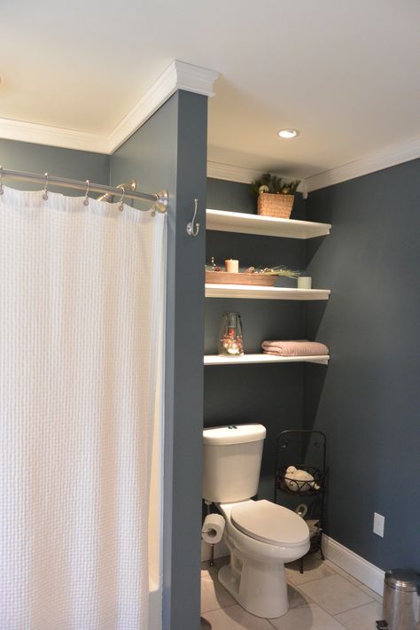 Wall Between Bathtub And Toilet, Park Bathroom, Toilet Closet, Hidden Toilet, Bathroom Upstairs, Lake Ideas, Privacy Wall, Bathroom Shelving, Kids Closet