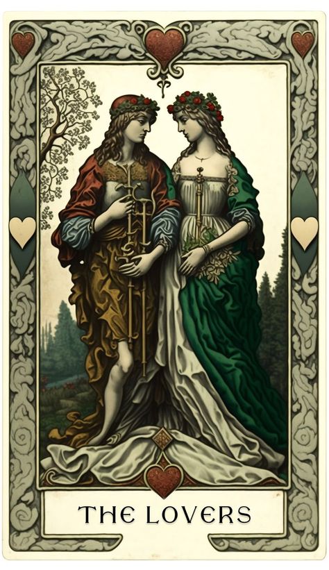 The Lovers: A card representing love, relationships, and choices Lovers Tarot Art, Lovers Tarot Illustration, Sapphic Lovers Tarot Card, Lovers Card Tarot, Tarot The Lovers, Tarot Illustration, Tarot Card Artwork, Love Tarot Card, Lovers Tarot Card