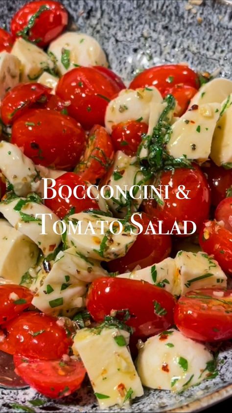 Rocco Gizzo | 🍝 Italian Cuisine | Bocconcini & Tomato Salad | This is staple in any good Italian deli. There are no real measurements for the seasoning, so use your… | Instagram Bocconcini Salad, Mini Mozzarella Balls, Tomato Mozzarella Basil, Italian Salad Recipes, Mozzarella Balls, Marinated Tomatoes, Italian Deli, Veg Dishes, Italian Salad