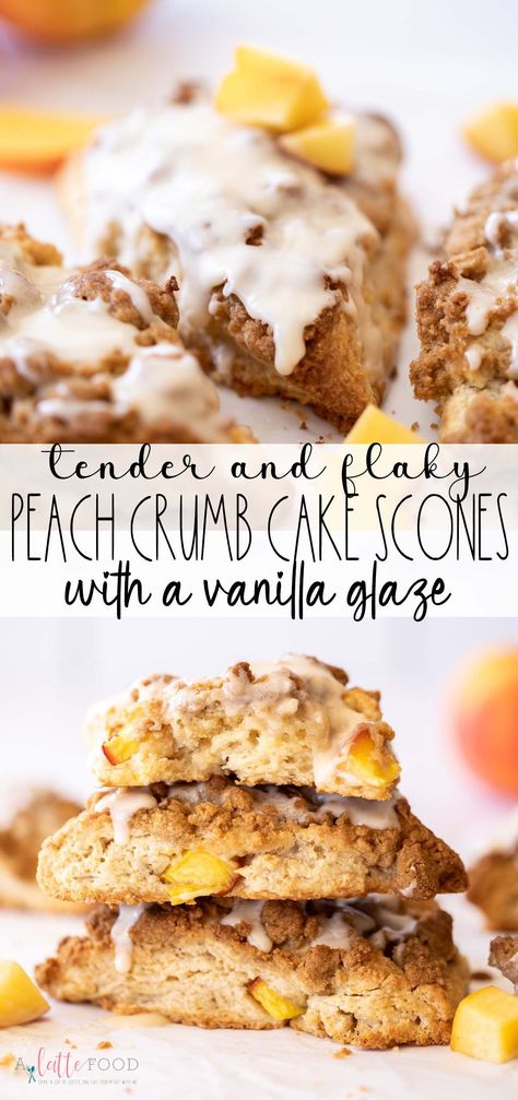 These Peach Crumb Cake Scones with a vanilla glaze begin with my favorite peach scone recipe that is topped with a crumb cake streusel. These brown sugar peach scones are buttery, flaky, and full of fresh peaches! The perfect summer scones! Peach Cobbler Scones, Summer Scone Flavors, Peach Scones Recipe Easy, Peach Sourdough Recipes, Sourdough Peach Recipes, Peach Baked Goods, Summer Scones, Peach Scones Recipe, Peach Crumb Cake