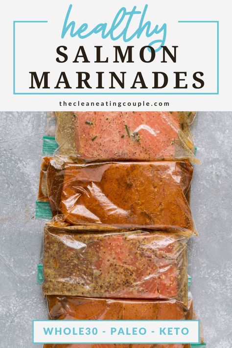 These Healthy Salmon Marinades are the perfect easy, delicious recipe! Made with minimal ingredients, paleo, keto and Whole30 – they’re great for meal prep! Whether you make them on the grill or baked in the oven - everyone will love them! Made without butter, these low carb salmon recipes are great for meal prep, lunch, or dinner. #paleo #keto #whole30 #healthy #salmon Salmon Marinades, Salmon Marinade Recipes, Low Carb Salmon Recipes, Low Carb Salmon, Salmon Recipes Baked Healthy, Salmon Marinade, Keto Salmon, Easy Clean Eating Recipes, Marinated Salmon