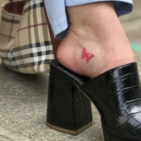 #tattooideas #tattoo Butterfly Foot Tattoo, Tiny Tattoos For Women, Red Ink Tattoos, Cute Tiny Tattoos, Red Tattoos, Discreet Tattoos, Dainty Tattoos, Red Butterfly, Subtle Tattoos