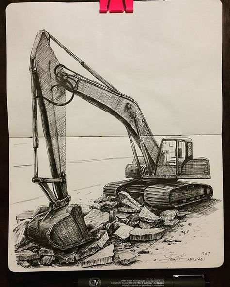 #sketch #excavator #excavating #digging #heavymachinery #moleskine #urbansketch #urbansketchers #dibujo #palamecanica Caterpillar Tattoo, Ing Civil, Blackwork Designs, Artist Sketchbook, Sketch A Day, Truck Art, Still Life Drawing, Graffiti Drawing, Heavy Machinery