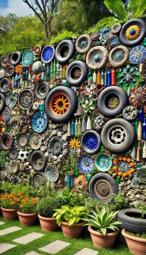 25 Stunning Garden Wall Ideas to Transform Your Backyard Oasis 52 Exterior Wall Art Ideas, Tiles In Garden, Land Art Ideas, Cool Fence Ideas, Diy Garden Wall, Edible Eyeballs, Garden Wall Ideas, Cactus Garden Landscaping, Recycled Garden Art