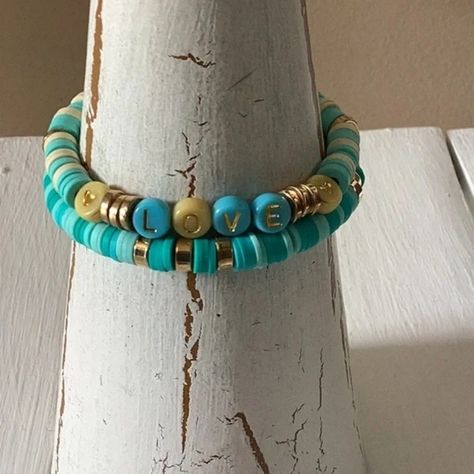 HAND CRAFTED ARTISAN Boho Bracelet with Gift Jewelry Pouch Bag Teal Gold Colorful Festival, Clay Bracelets, Coastal Tropical, Surfer Bracelets, Alphabet Beads, Clay Bracelet, Clay Bead, Gold Disc, Hawaiian Luau