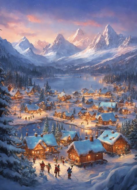 Explore the magical world of Scandinavian elves at the North Pole 🧝‍♂️⛸️ This enchanting village features a charming ice skating pond perfect for winter fun! #ElfVillage #NorthPole #WinterWonderland Ice Skating Pond, Elf Village, Landscape Snow, Snow Mountains, The North Pole, Lake Landscape, Snow Mountain, Magical World, Mountain Lake