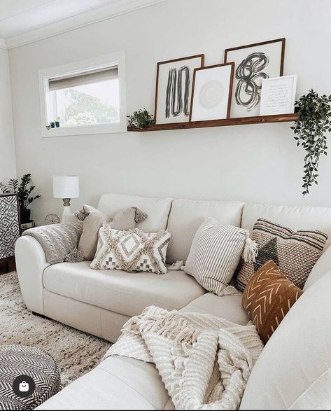 How To Decorate Above Your Sofa (20 Brilliant Ideas on a Budget) Art Ledge, Couch Shelf, Beige Couch Living Room, White Couch Living Room, Decor Above Couch, Above Couch Decor, Couch Wall Decor, Beige Couch, White Couch