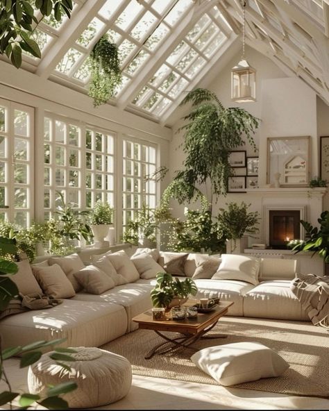 Aesthetic Conservatory, Plant Filled Conservatory, Plant Sunroom Aesthetic, Glass Greenhouse Inliving Room, Round Sunroom, Conservatory Ideas Interior, British Conservatory, Bohemian Living Room Ideas, Walled Courtyard Garden