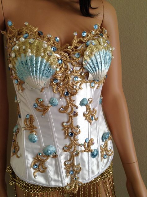 Royal Mermaid in Gold And Blue in Your Size~ Halloween~Wedding Dress,Beach Wedding,Bridal  Corset~Photo Shoots by CuteAddicts on Etsy https://www.etsy.com/listing/242314207/royal-mermaid-in-gold-and-blue-in-your Mermaid Costume Makeup, Royal Mermaid, Halloween Wedding Dresses, Sea Costume, Mermaid Costume Diy, Mermaid Accessories, Wedding Corset, Mermaid Bra, Mermaid Top