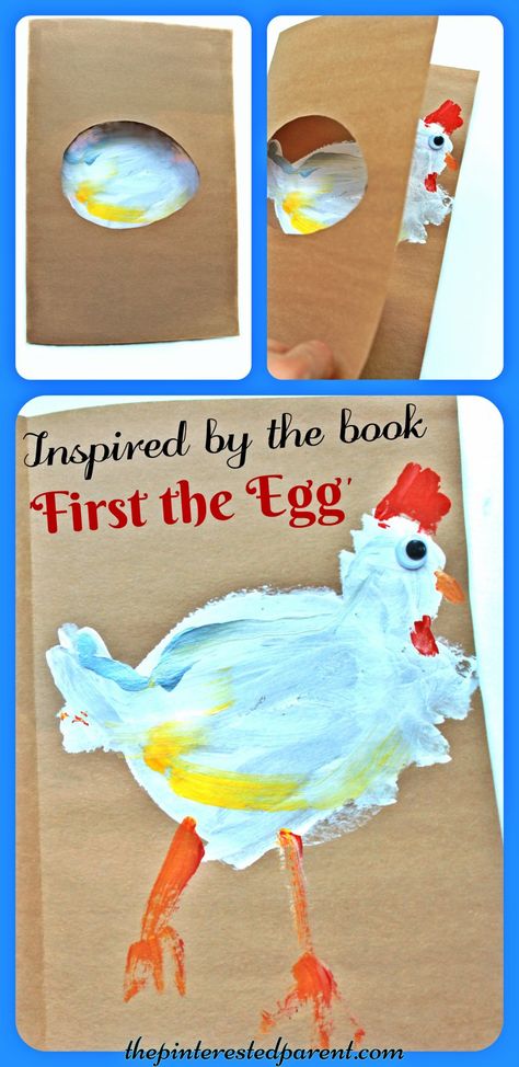 Kid's arts and crafts painting project inspired by the book 'First the Egg' . See the egg cut-out and open to reveal the chicken. Farm Animal Art Projects, Farm Animal Art, Egg Craft, Farm Preschool, Animal Art Projects, Arts And Crafts For Adults, Arts And Crafts For Teens, Crafts Painting, Chicken Crafts