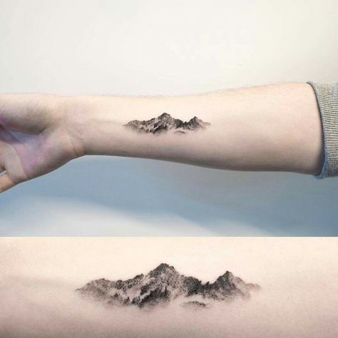 Mountain Mountain Range Tattoo, Tatoo 3d, Mountain Tattoo Design, Inner Forearm Tattoo, Moon Tattoos, Tattoo Zeichnungen, Landscape Tattoo, Small Tattoos For Guys, Mountain Tattoo