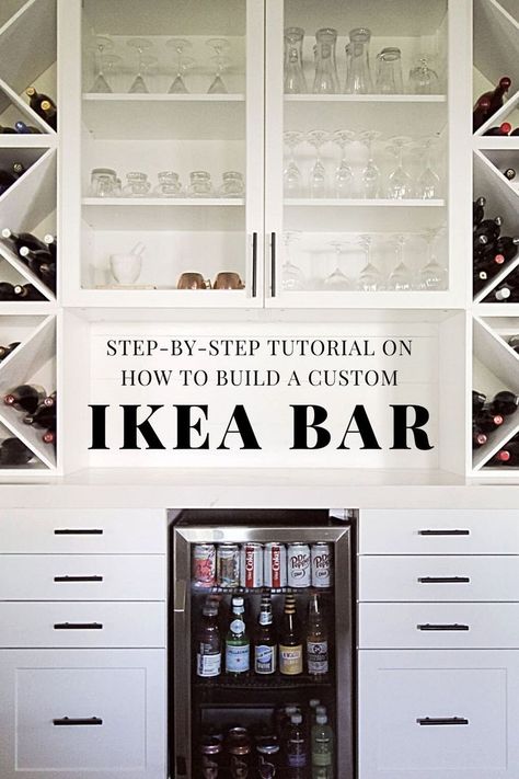 Step-By-Step Tutorial On How To Build A Custom Ikea Bar Ikea Kitchen Planner, Ikea Bar, Ikea Built In, Home Bar Cabinet, Home Bar Rooms, Basement Bar Designs, Diy Home Bar, Kitchen Planner, Bar Inspiration