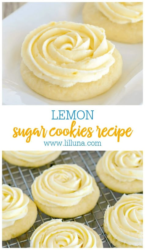 Frosted Lemon Sugar Cookies are buttery soft, with the perfect hint of lemon. They're a perfect treat for lemon lovers! #lemonsugarcookies #lemoncookies #sugarcookies #lemon #frostedcookies Lemon Sugar Cookies Recipe, Lemon Buttercream Frosting, Lemon Frosting, Lemon Sugar Cookies, Torte Cupcake, Dessert Aux Fruits, Lemon Sugar, Oreo Dessert, Lemon Cookies