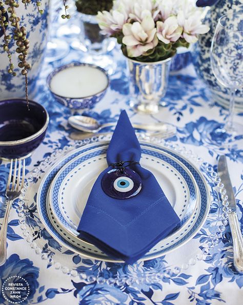 Decorating with the Evil Eye: Get The Global Look - Casa Watkins Living Santorini Party, Greek Party Theme, Greek Wedding Favors, Spanish Home Interior, Greek Dinners, Mykonos Wedding, Spanish Home, Greek Decor, Turkish Wedding