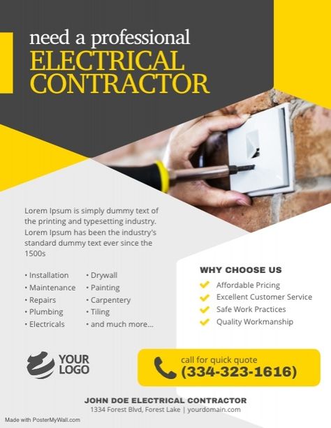 Electrical Contractor Flyer Poster | PosterMyWall Electrical Shop Banner Design, Handyman Flyer, Electricity Poster, Electrical Design, Shop Banner Design, Electrical Shop, Electrical Contractor, Electrician Services, Banner Design Layout