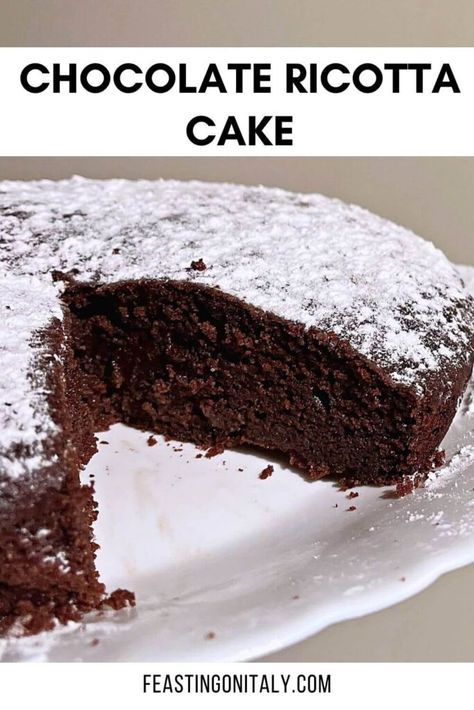 This is a pin image with a sliced Chocolate Ricotta Cake. The text reads "Chocolate Ricotta Cake." Chocolate Ricotta Cake Italian Desserts, Cake Recipes Using Ricotta Cheese, Italian Chocolate Ricotta Cake, Chocolate Ricotta Cake Recipe, Chocolate Chip Ricotta Cake, Ricotta Chocolate Cake, Pumpkin Ricotta Cake, Planet Chocolate, Chocolate Ricotta Cake