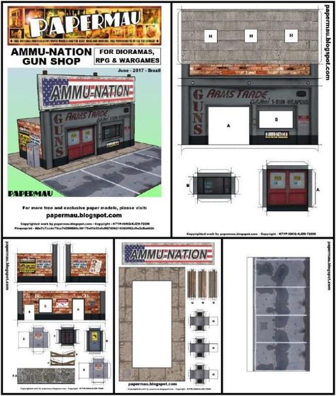 PAPERMAU: GTA V - Ammu-Nation Gun Shop Paper Model For Dioramas, RPG And Wargames - by Papermau - Download Now! Diorama Background Printable, Diorama Printable Templates, Cute Papercraft Templates, Free Paper Models Printable Templates, Paper Craft Diorama, Paper Models Printable, Hot Wheels Garage Diy, Make Paper Stars, Paper Models House