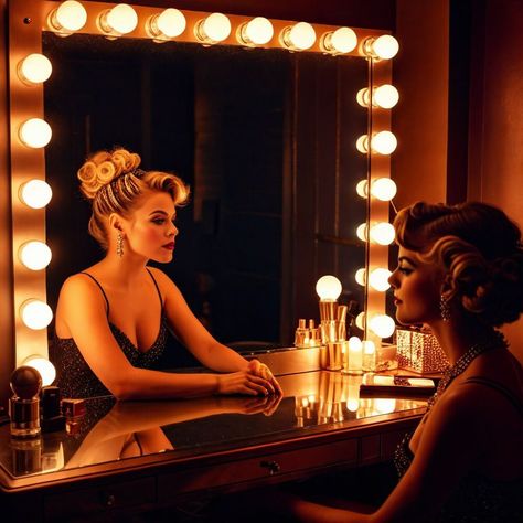 🔖 Prompt:
 A classic cabaret performer sitting at her vanity table in a dimly lit dressing room, gazing into a large vintage mirror surrounded by warm, glowing light bulbs, her bright, bold makeup and teased hairstyle reflected clearly. Soft, focused illumination highlights her face and hair, creating sharp, clear reflections in the mirror, with makeup items adorning the vanity table against a simple dark background. Evocative, cinematic lighting, highly detailed, ultra-photorealistic, 8K resol Simple Dark Background, Large Vintage Mirror, Dressing Room Mirror, Cinematic Lighting, Bold Makeup, Light Dress, Makeup Items, Vintage Mirror, Light Makeup