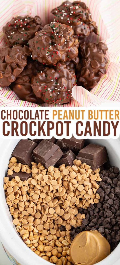 Crockpot Candy Recipe - This Chocolate Peanut Butter Crockpot Candy are delicious peanut clutters that are wrapped in creamy peanut butter, milk chocolate, and peanut butter chips. They're made in the slow cooker and are scooped onto wax paper to harden. Sprinkle with Christmas sprinkles for the perfect Christmas candy! #candy #christmas #cookiedoughandovenmitt #dessertrecipes Andies Candies Chocolate Cookies, Crockpot Peanut Brittle, Crockpot Christmas Desserts, Crockpot Candy Recipes Christmas, Crockpot Candies, Crockpot Christmas Candy, Dessert Crockpot, Chocolate Christmas Candy, Crockpot Candy Recipes