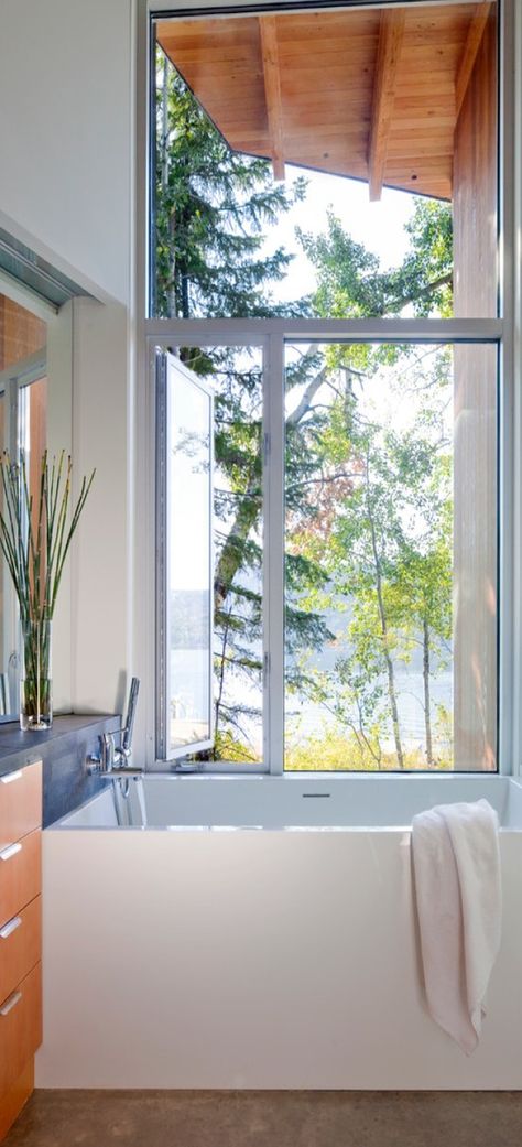 Window Over Tub Master Bath, Free Standing Bath In Front Of Window, Bathroom Large Window, Baths Under Windows, Under Window Bath, Big Windows Bathroom, Bath In Window, Bath Near Window, Tub Under Window Master Bath