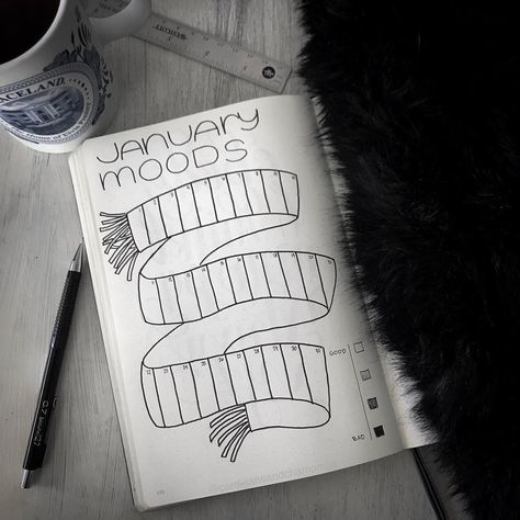 Finally getting around to getting my month set up! Trying to think warm thoughts with this monochrome scarf mood tracker. ☺️ #bulletjournal #bujo #bujomonthly #moodtracker #bujobeauty #bujocommunity #winterishere #warmandcozy #showmeyourplanner #cardigansandchamomile Journal Mood Tracker Ideas January, Bujo January Mood Tracker, January Mood Tracker, Winter Doodles, Bullet Journal Tracking, August Bullet Journal Cover, Bullet Journal Yearly, Bullet Journal Weekly Layout, Massage Gloves