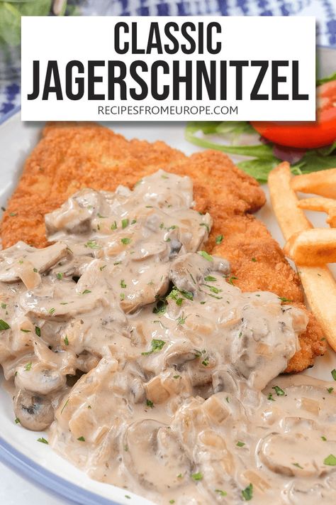 Looking to make delicious Jägerschnitzel? With our recipe, you can make perfectly fried Schnitzel and the creamy mushroom sauce! #germanrecipes #jagerschnitzel Pork Snitzel, Jaegerschnitzel Recipe, Easy German Recipes, German Food Authentic, Schnitzel Recipes, Mushroom Sauce Recipe, Pork Schnitzel, Italian Spices, Creamy Mushroom Sauce