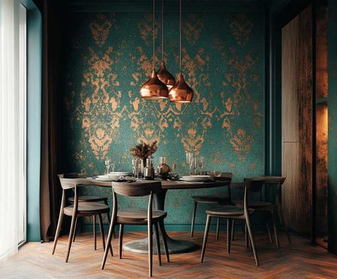 13 Modern Wallpaper Designs in Teal and Copper for Unique Style • 333+ Inspiring Lifestyle Ideas Navy And Copper Dining Room, Teal And Copper Bedroom, Copper Dining Room, Teal And Copper, Copper Bedroom, Teal Rooms, Copper Wallpaper, Mid Century Dining Room, Inspiring Lifestyle