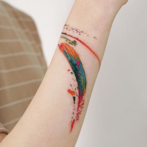 Watercolor tattoo by 9room #9room #watercolor #color #unique #nature #splash #paint #brushstroke | By 9room | Sep 9th 2020 | 1440227 Paint Splash Tattoo, Brushstroke Tattoo, Splash Tattoo, Watercolor Tattoo Ideas, Indian Feather Tattoos, Abstract Tattoo Ideas, Tiger Dragon, Small Hand Tattoos, Book Tattoo