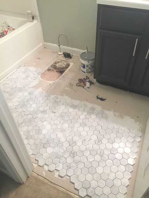 Guest Bathroom Update #3: How To Install Backer Board and Mosaic Marble Floor Tile - Live Pretty on a Penny Guest Bathroom Update, Mosaic Marble Floor, Penny Tiles Bathroom, Mosaic Marble, Guest Bathroom Remodel, Mosaic Floor Tile, Marble Tile Floor, Hall Bathroom, Backer Board