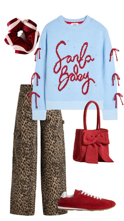 Nephthys jumper Santa Baby with leopard red and bows damson madder anthropologie christmas festive jumper Aesthetic Christmas Jumper, Xmas Jumper Outfit, Christmas Jumper Outfit Women, Xmas Sweater Outfit, Red Christmas Sweater Outfit, Christmas Sweater Outfit Cute, Christmas Outfit Comfy, Cute Christmas Sweater Outfit, Christmas Cozy Outfit