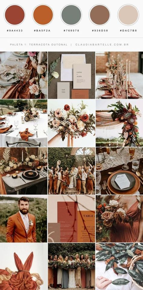 How to Create a Modern Mediterranean Burnt Orange Wedding Theme Terracotta Wedding Aesthetic, Wedding Aesthetics Color Schemes, Terracotta Wedding Colour Palette, Terracotta Wedding Colors Palette, Clay Wedding Color Scheme, Wedding Theme Earth Tone, Earth Color Wedding Theme, Terracotta Color Palette Wedding Fall, Earth Theme Wedding