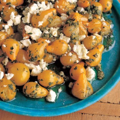 Chicken Devine, Yellow Pear Tomatoes, Pear Tomatoes, Feta Recipe, Arugula Pesto, Feta Recipes, Pear Salad, Garden Recipes, Tomato Recipes