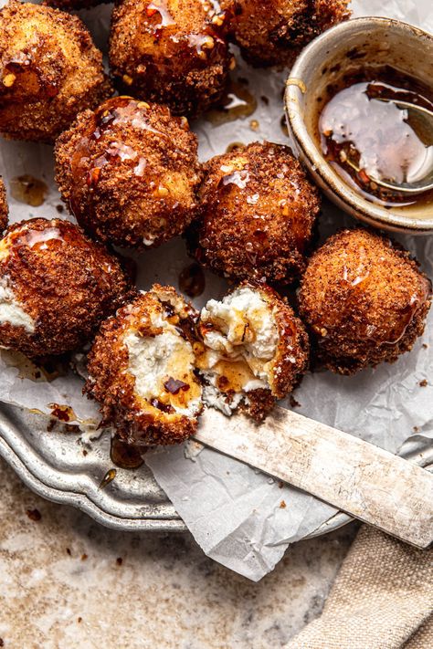 Fried Goat Cheese Balls, Goat Cheese Balls, Fried Goat Cheese, Goat Cheese Recipes, Spicy Honey, Cheese Balls, Perfect Appetizers, Cheese Ball, Goat Cheese