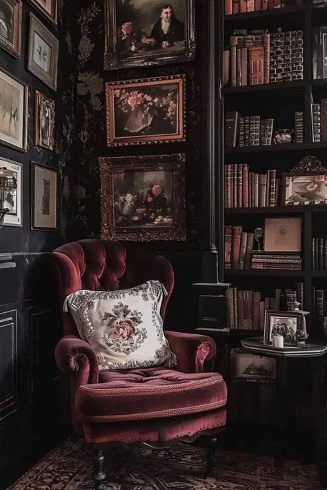 Minimalist Dark Acadamia, Goth Dark Academia Room, Goth Reading Nook, Dark Academia Couch, Moody Library Aesthetic, Gothic Study Room, Dark Cottagecore Interior, Moody Craft Room, Victorian Office Aesthetic