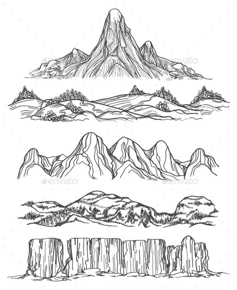 Hand Drawn Mountains and Hills by vectortatu Hand drawn mountains and hills. Doodle mountains landscape set. Vector illustration Drawn Mountains, Mountains Drawing, Mountain Drawing, Nature Mountains, Nature Drawing, Drawing Pencil, Fantasy Map, Poses References, Landscape Drawings