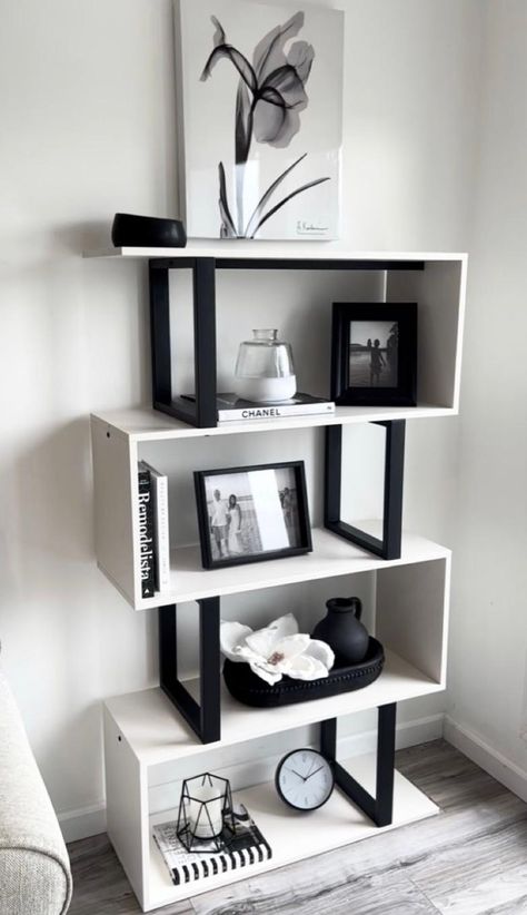 5 tower Geometeric bookcase  #aesthetic#interior#homedecor#getnow#pinterest Black And White Living Room Decor, Black Room Decor, Black Living Room Decor, White Living Room Decor, Modern Apartment Decor, Apartment Decorating Living, Home Decor Wallpaper, Black And White Living Room, White Room Decor