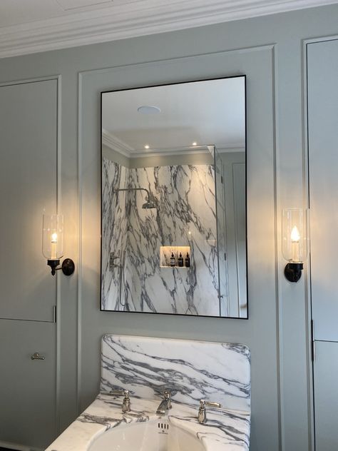 Black Metal Mirror, Large White Tiles, Laminate Wall Panels, Contemporary Mirrors, Laminate Wall, Bathroom Contemporary, Period Home, Luxury Home Accessories, Marble Sink